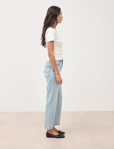 Jeans straight 7/8&egrave;me taille haute denim bleach femme