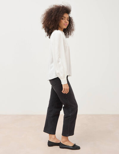 Blouse ajour&eacute;e col rond manches longues ecru femme