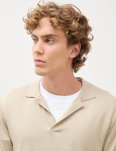 Polo manches courtes col cubain beige homme