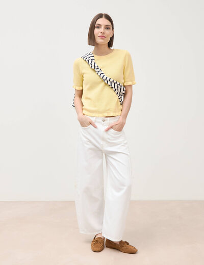 Pull droit col rond manches courtes jaune clair femme