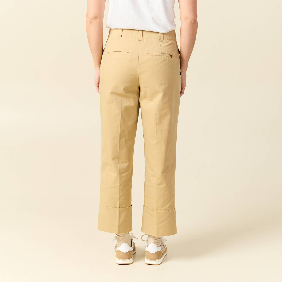 Pantalon large cropped taille haute beige femme