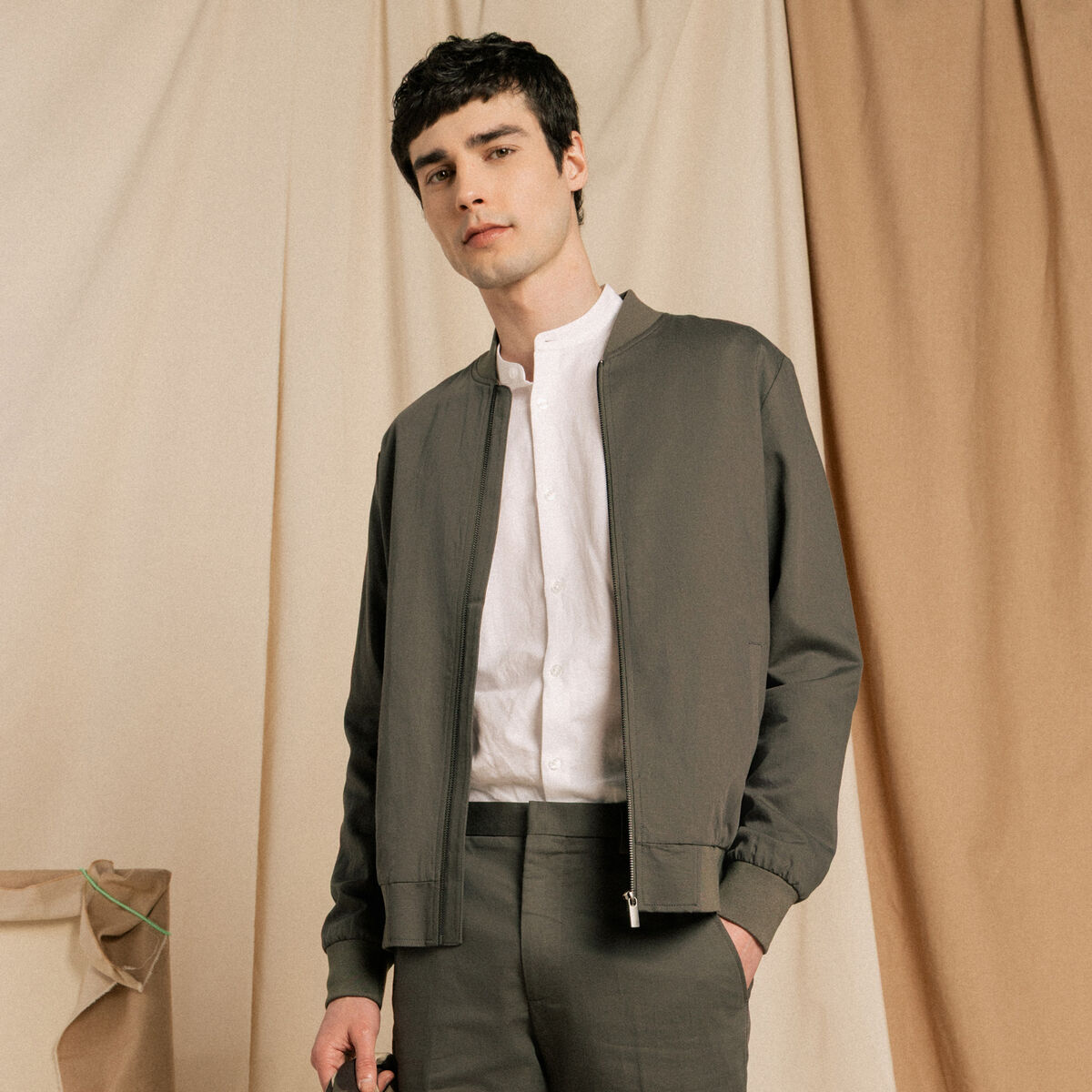 Blouson zipp&eacute; col teddy vert fonc&eacute; homme