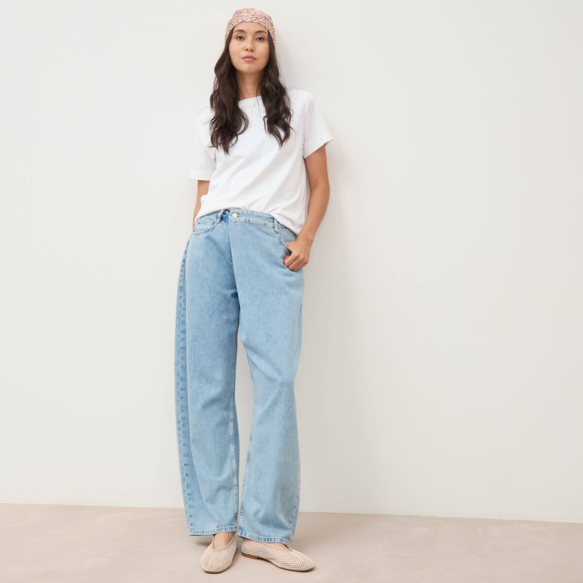 Jeans wide leg cropped taille bascul&eacute;e bleu ciel femme