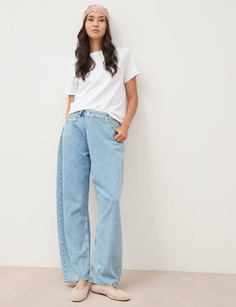 Jeans wide leg cropped taille bascul&eacute;e bleu ciel femme