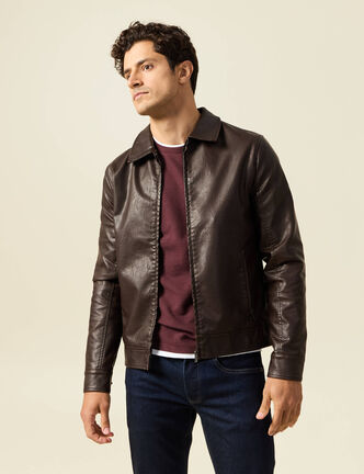 Blouson biker similicuir col classique marron fonc&eacute; homme