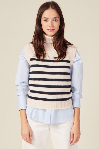 Pull sans manches creme femme