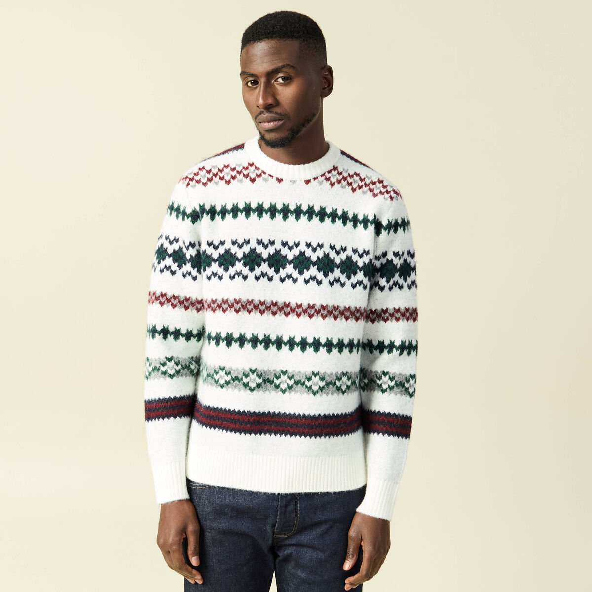 Pull manches longues col rond ecru homme