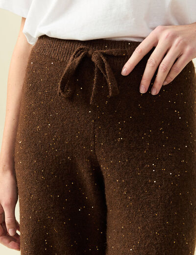 Pantalon large taille haute en maille marron fonc&eacute; femme