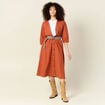 Robe midi évasée ceinturée marron cognac femme