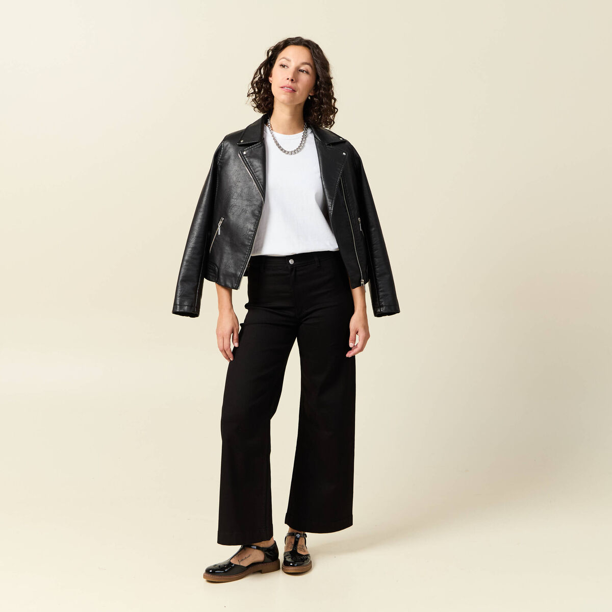 Jeans large taille haute denim noir femme