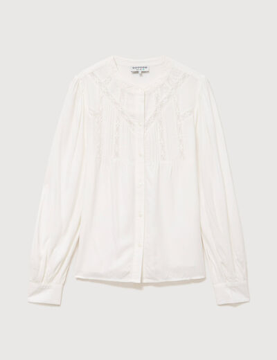 Blouse ajour&eacute;e col rond manches longues ecru femme