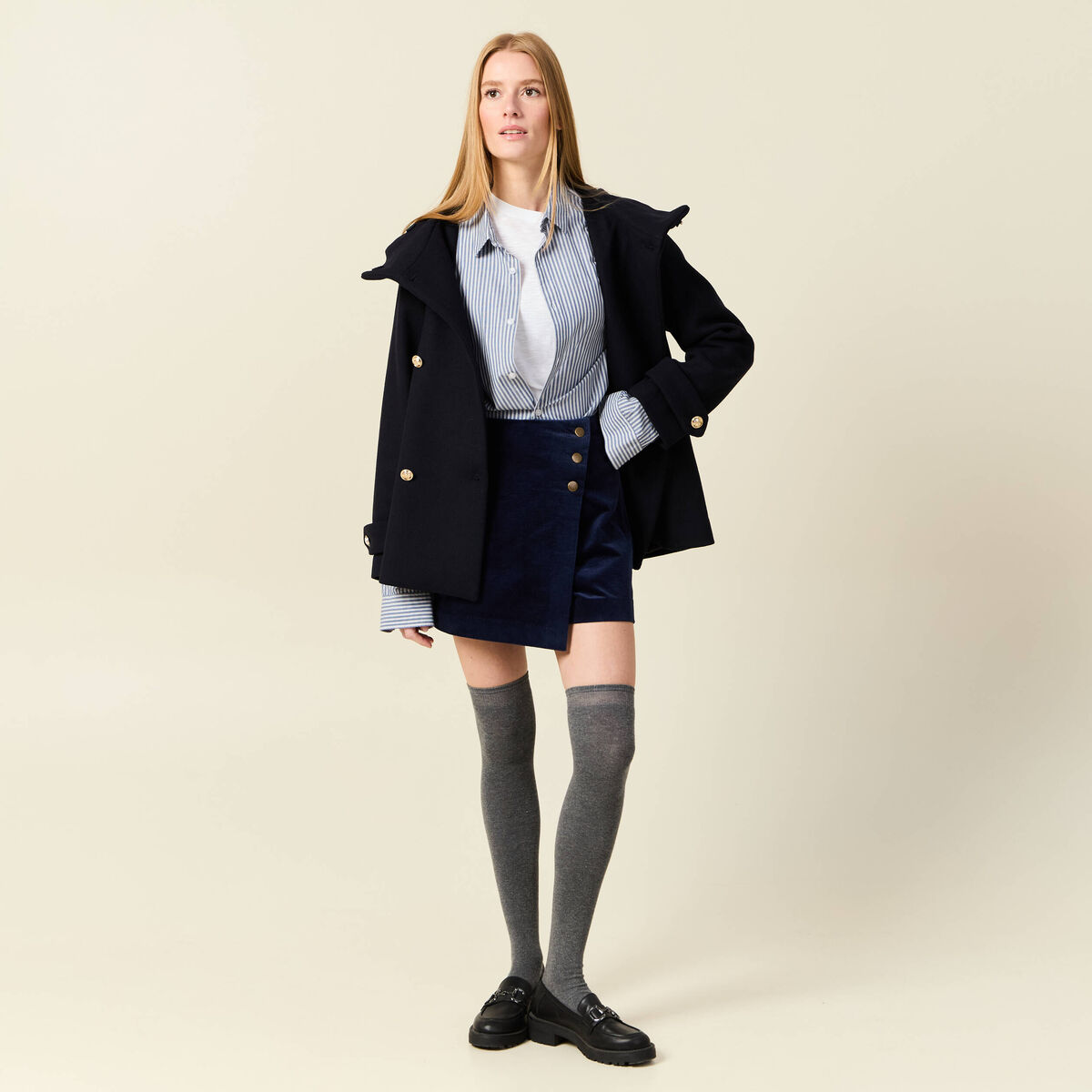 Jupe-short taille haute en velours bleu marine femme