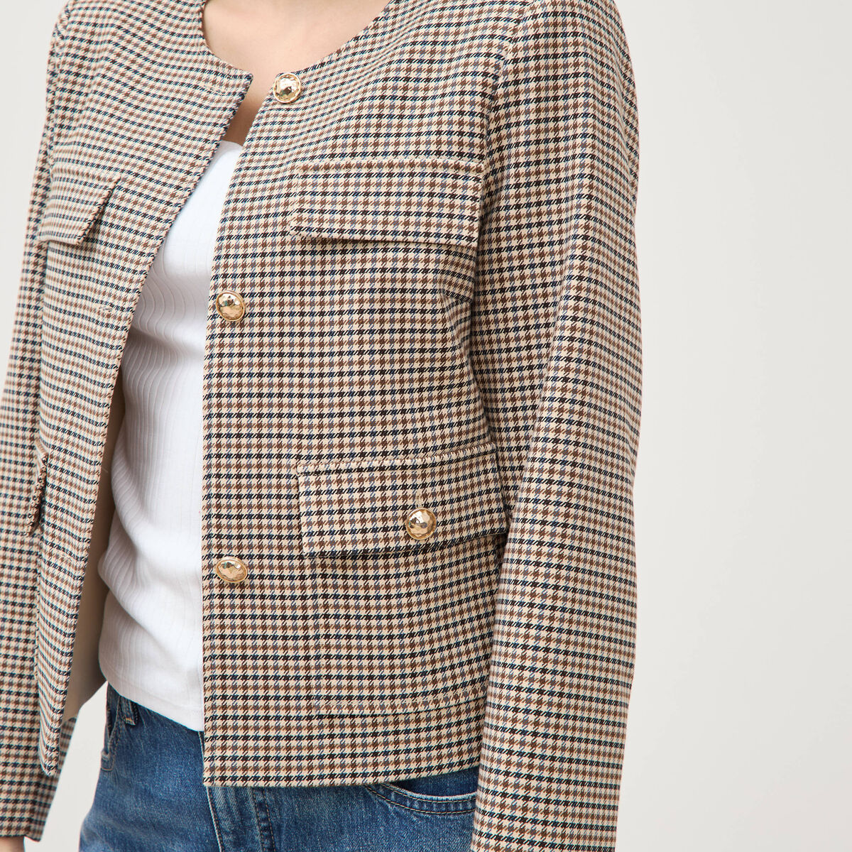 Veste &agrave; carreaux manches longues marron femme