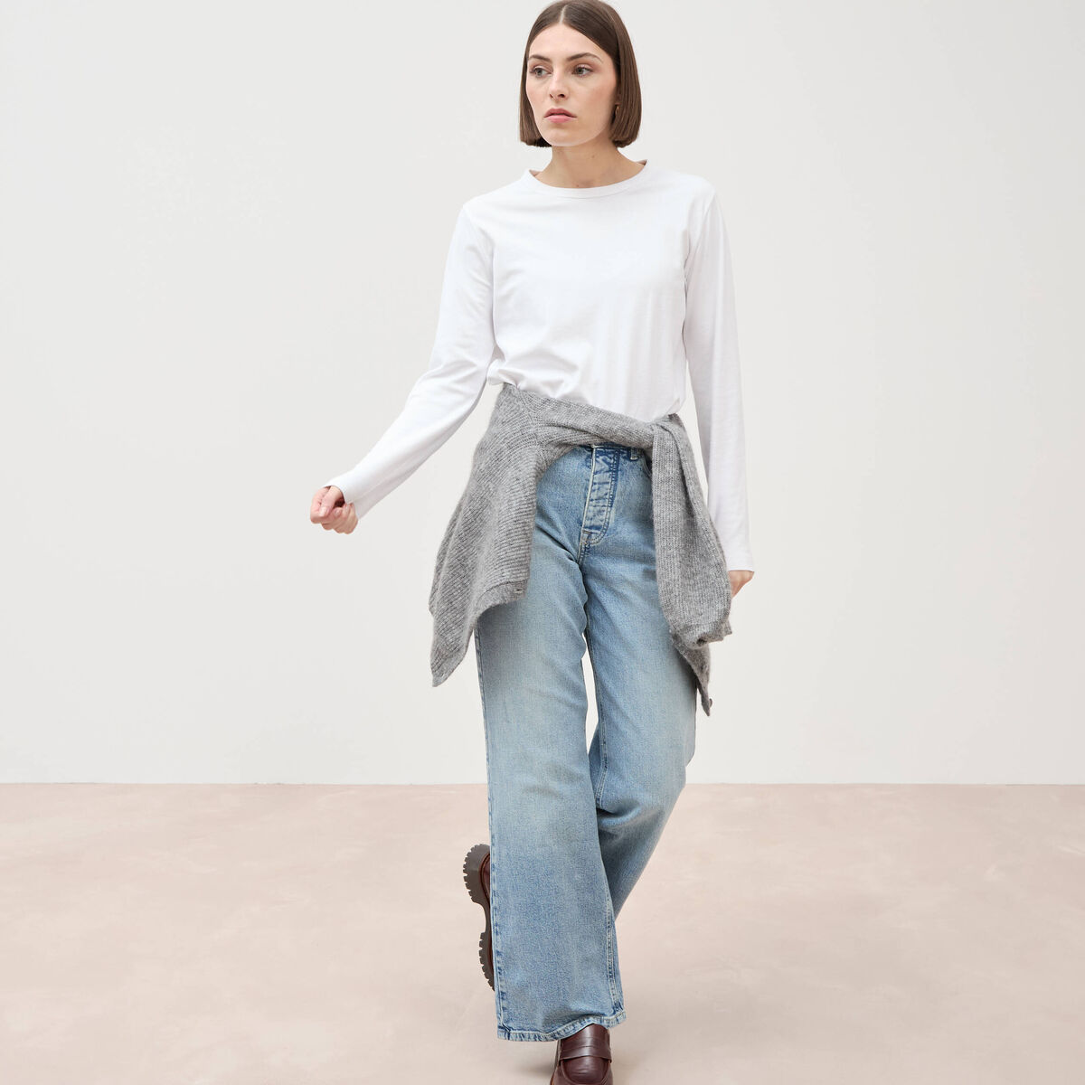 Jeans large taille haute denim baby bleu femme