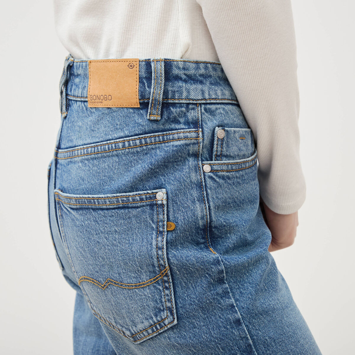 Jeans straight 7/8&egrave;me taille haute denim stone femme