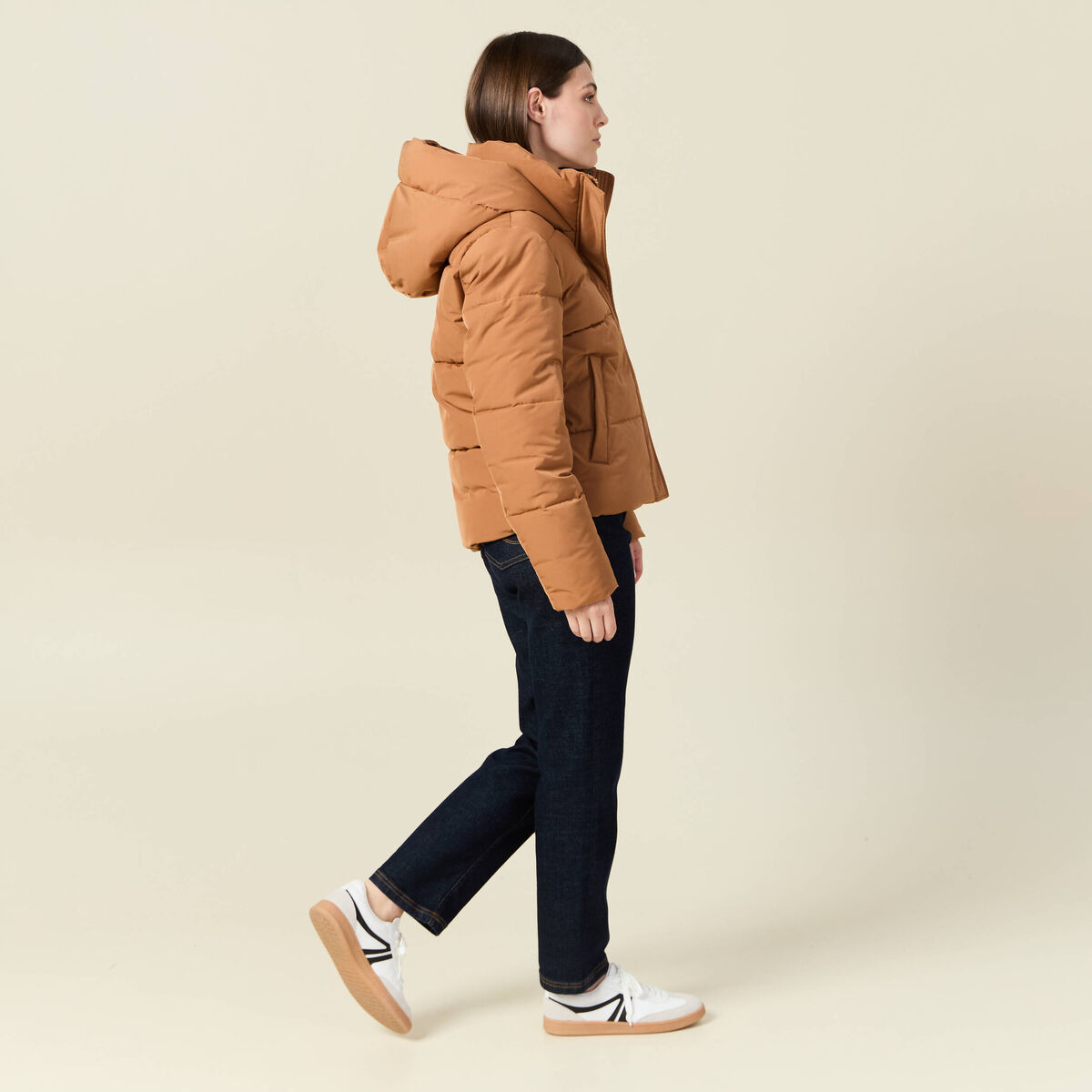 Doudoune à capuche marron clair femme