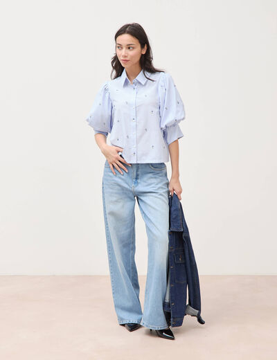 Chemise ample manches coude bleu ciel femme