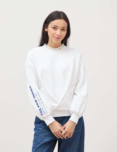 Sweat droit col rond manches longues blanc femme
