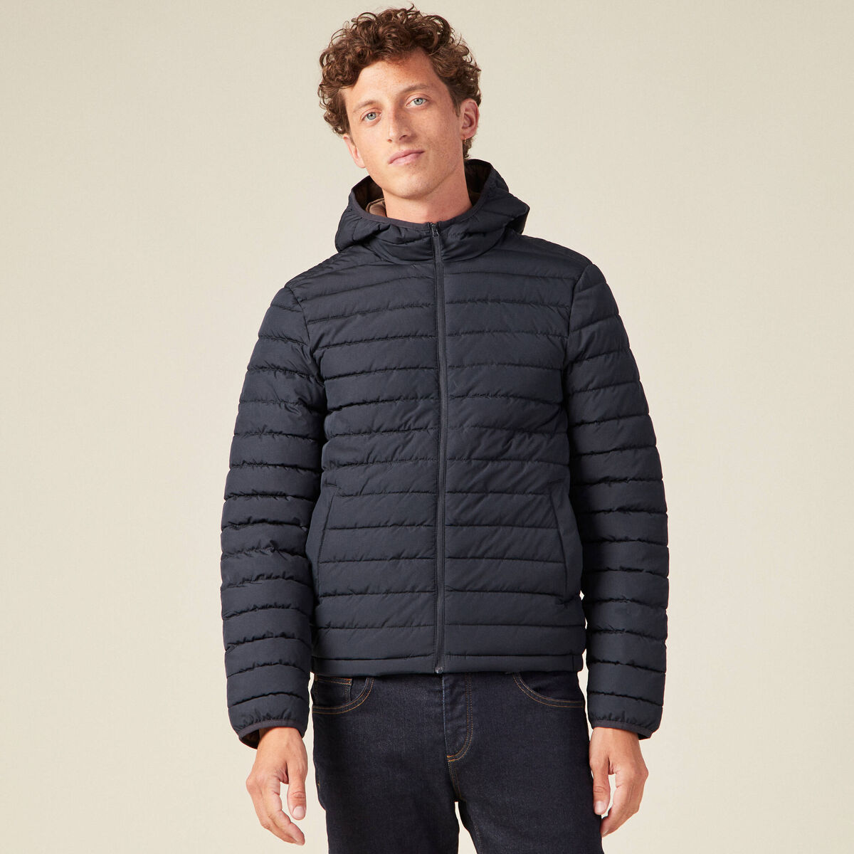 Doudoune droite à capuche bleu marine homme