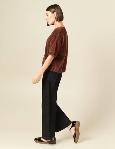 Pull droit court manches coude col rond marron femme