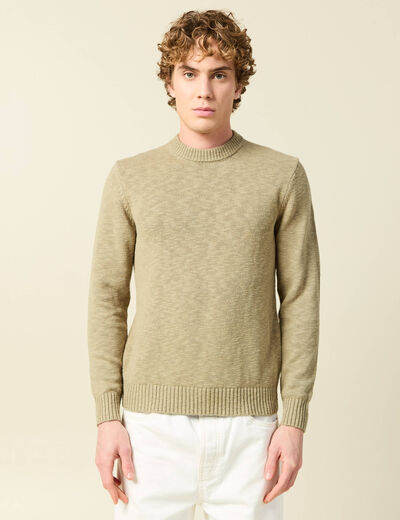 Pull col rond manches longues en coton beige fonce homme