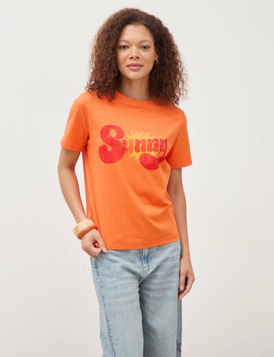 T-shirt droit col rond manches courtes orange femme