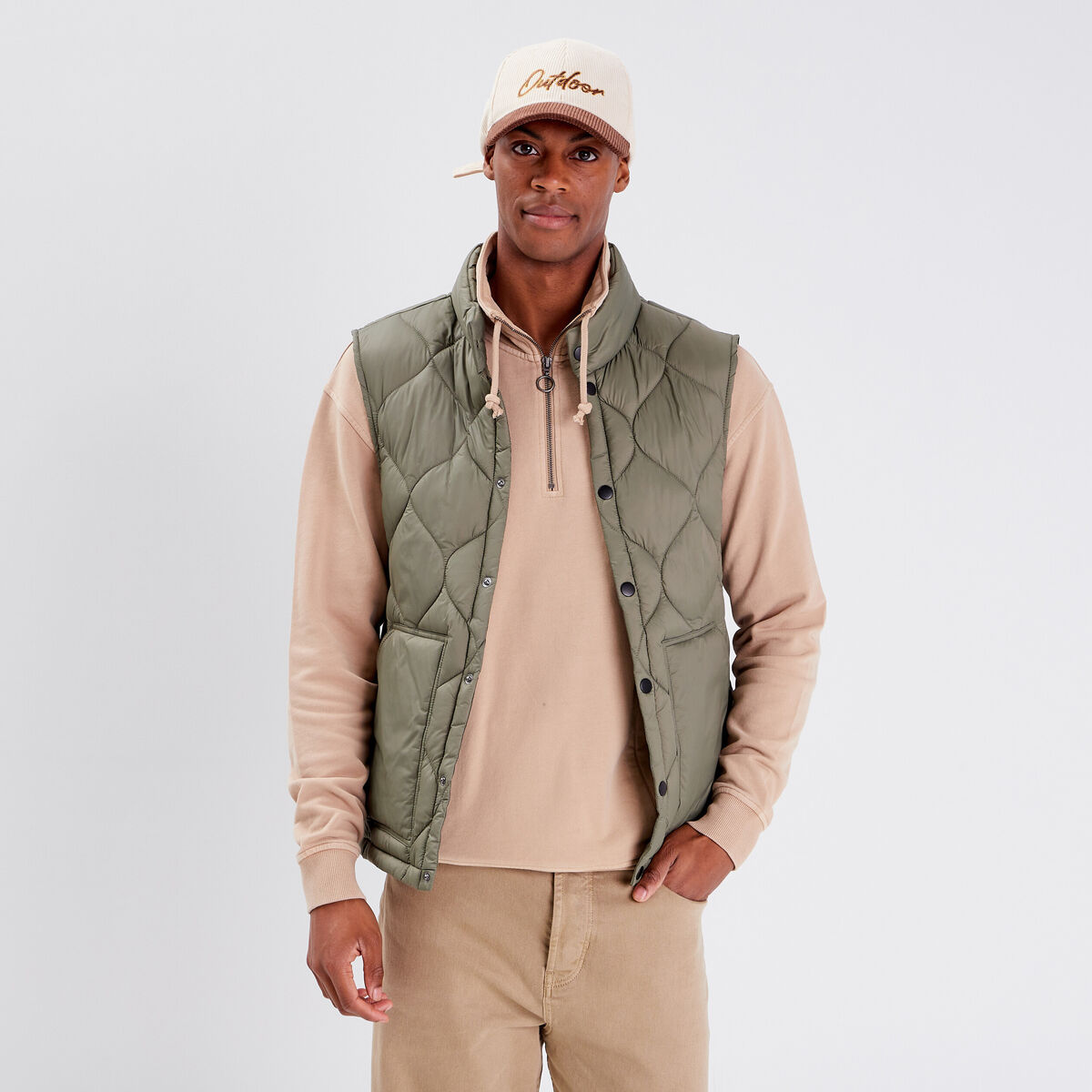 Doudoune droite sans manches vert kaki homme