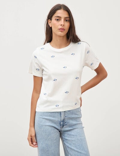 T-shirt droit col rond brod&eacute; en coton ivoire femme