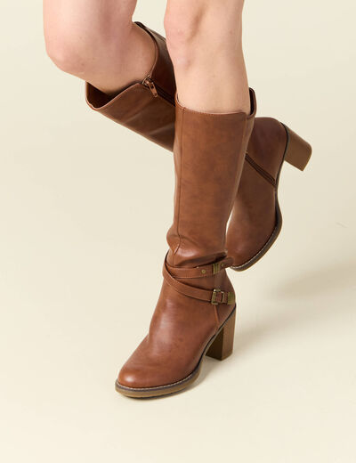Bottes à talons avec brides marron femme