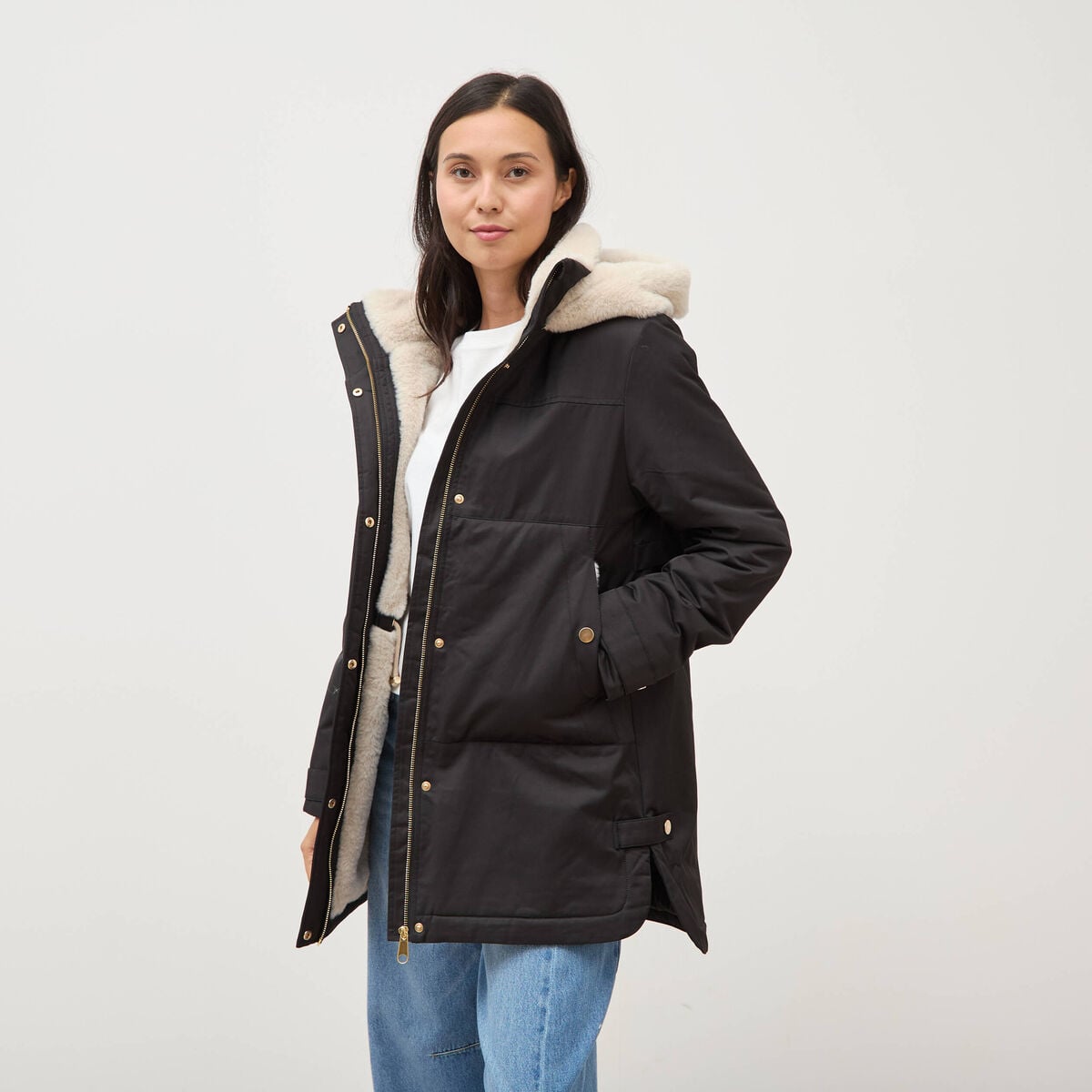 Parka droite &agrave; capuche noir femme