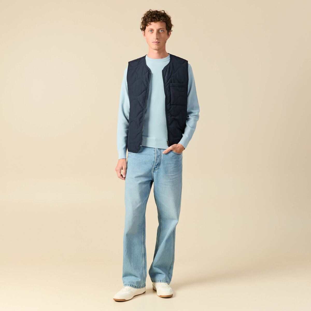 Pull fin col rond manches longues bleu ciel homme