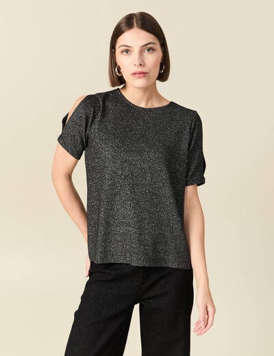 T-shirt manches courtes brillant noir femme