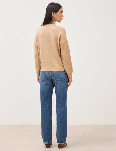 Pull col tunisien manches longues marron clair femme