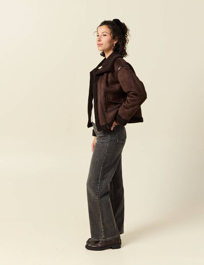 Bombardier court droit similicuir marron femme
