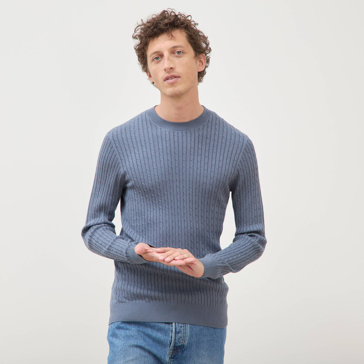 Pull col rond bleu gris homme