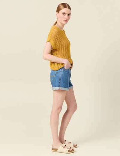 Pull ajouré éco-responsable jaune femme