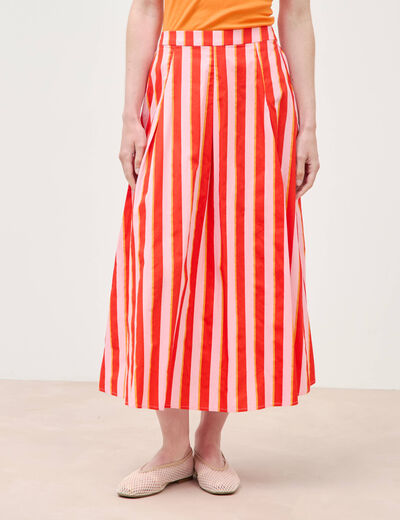Jupe longue &eacute;vas&eacute;e en coton ray&eacute; orange corail femme