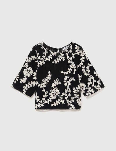 T-shirt brod&eacute; col rond manches 3/4 noir femme
