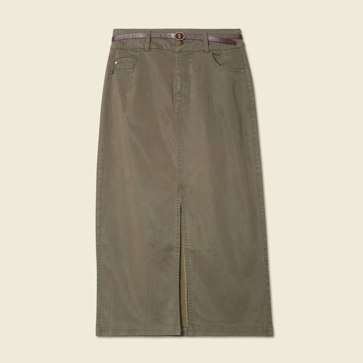 Jupe midi crayon ceinturée vert kaki femme