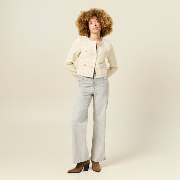 Veste tweed courte jaune pastel femme