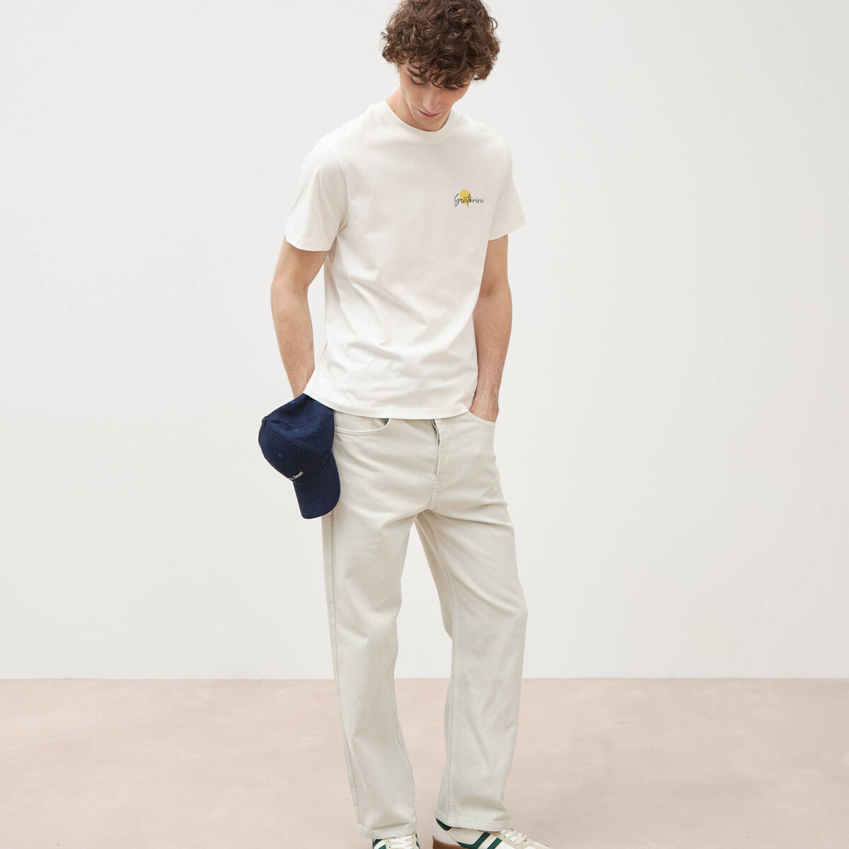 T-shirt droit en coton col rond ecru homme