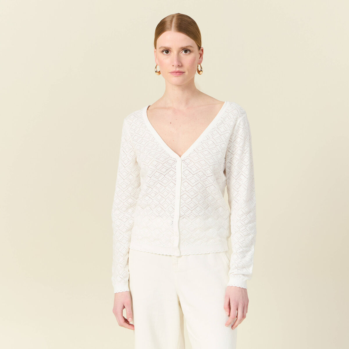 Gilet manches longues ajouré ecru femme
