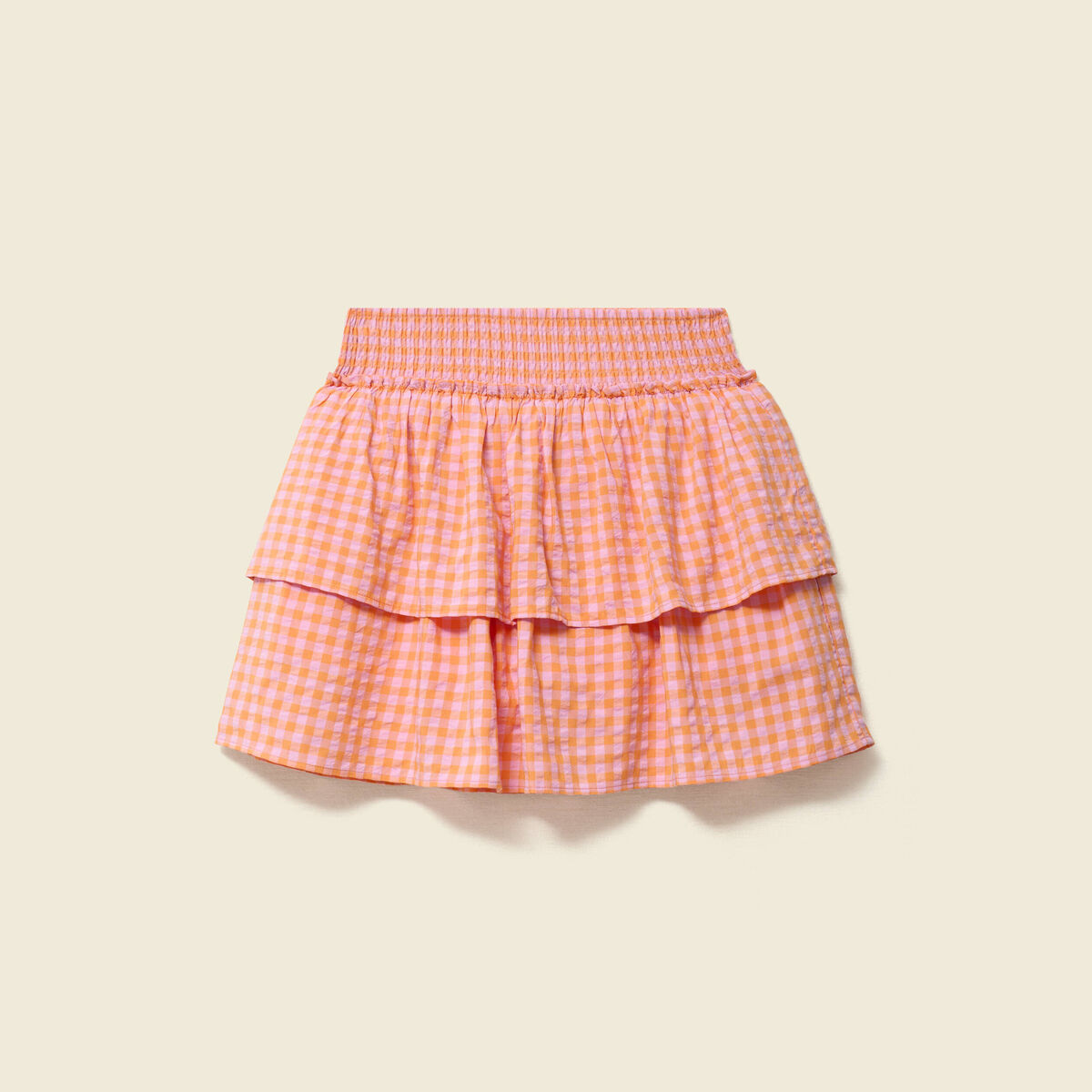 Jupe fluide &agrave; carreaux doubl&eacute;e orange abricot femme
