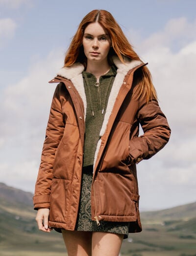 Parka droite &agrave; capuche marron fonc&eacute; femme