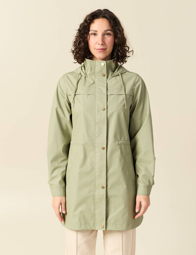 Parka longue droite d&eacute;perlante &agrave; capuche vert kaki femme