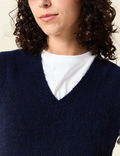 Pull sans manches col en V bleu marine femme