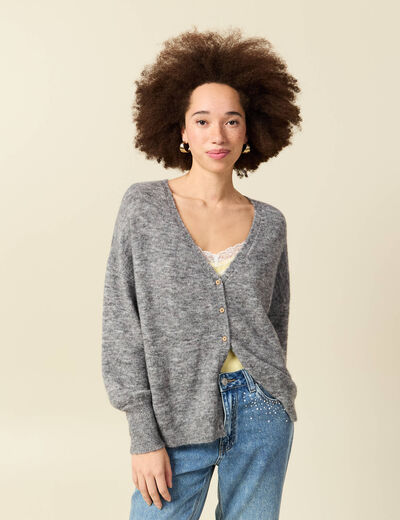 Gilet manches longues col v gris clair femme