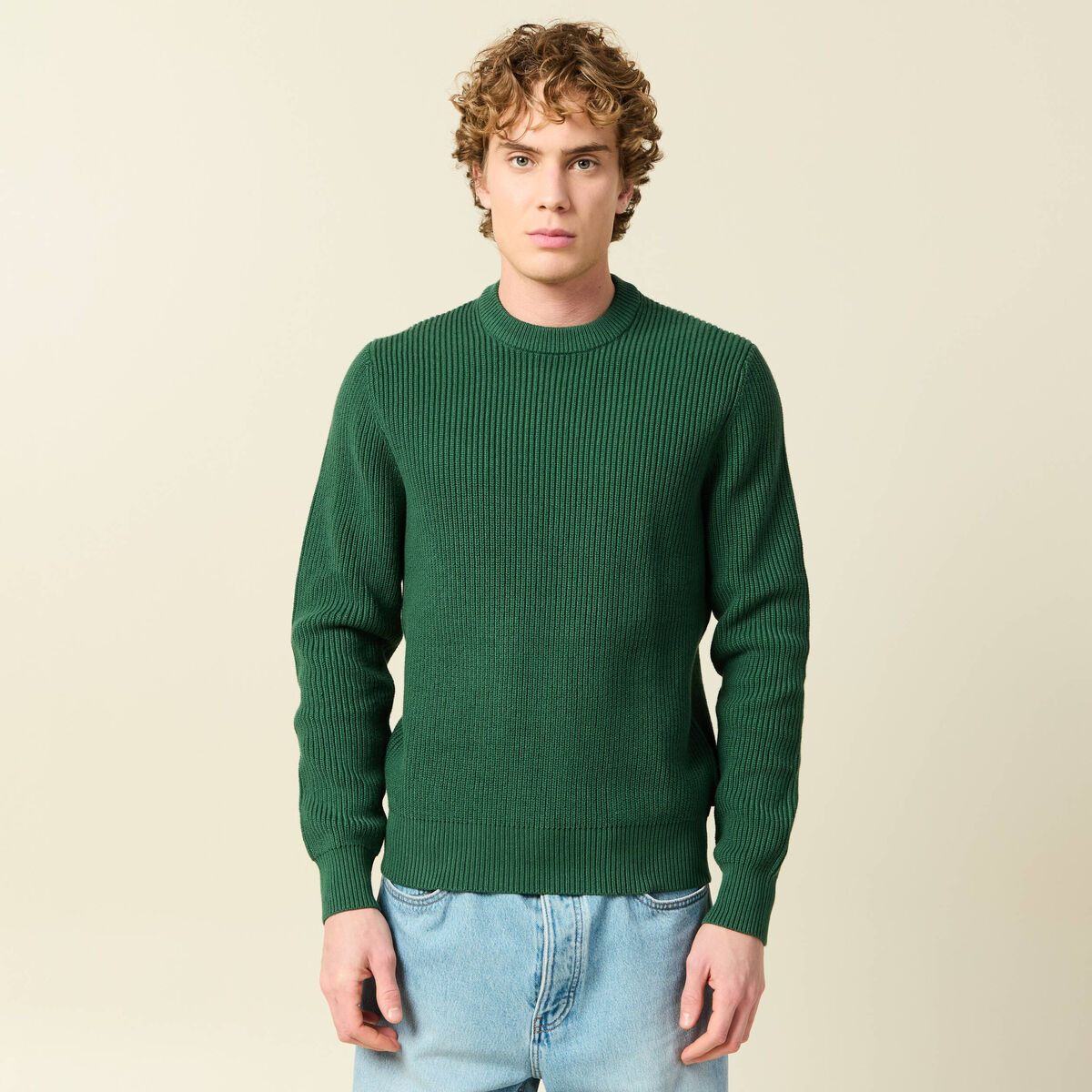 Pull fin manches longues col rond vert homme