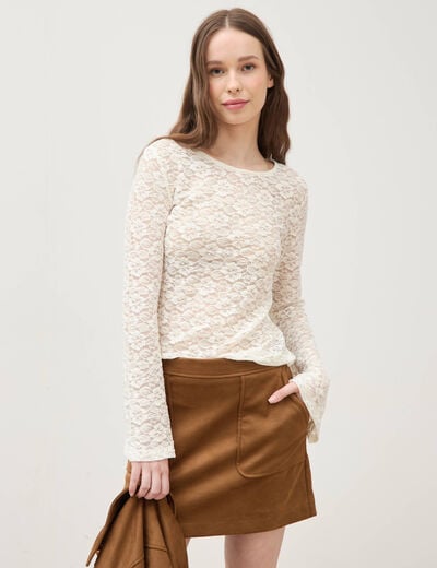 Blouse manches longues dentelle col rond ecru femme