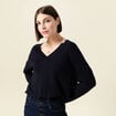 Pull fin col V manches longues bleu fonc&eacute; femme